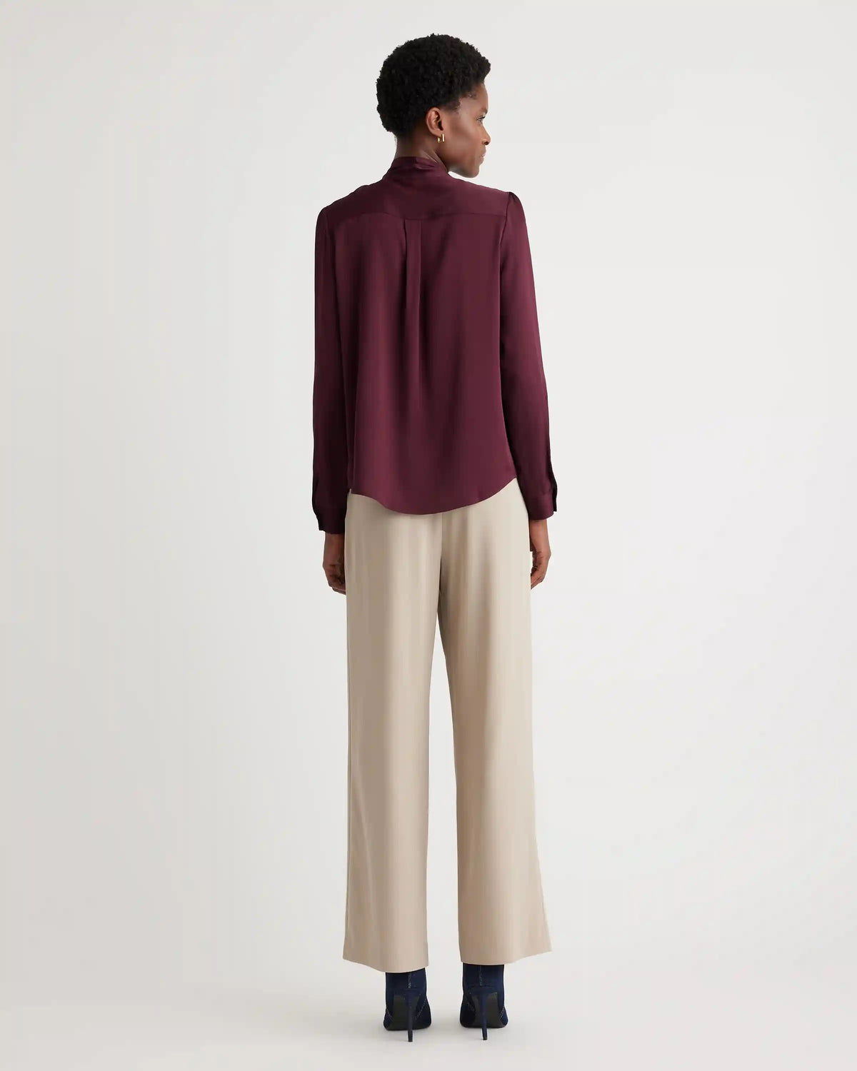 Washable Stretch Silk Tie Neck Blouse