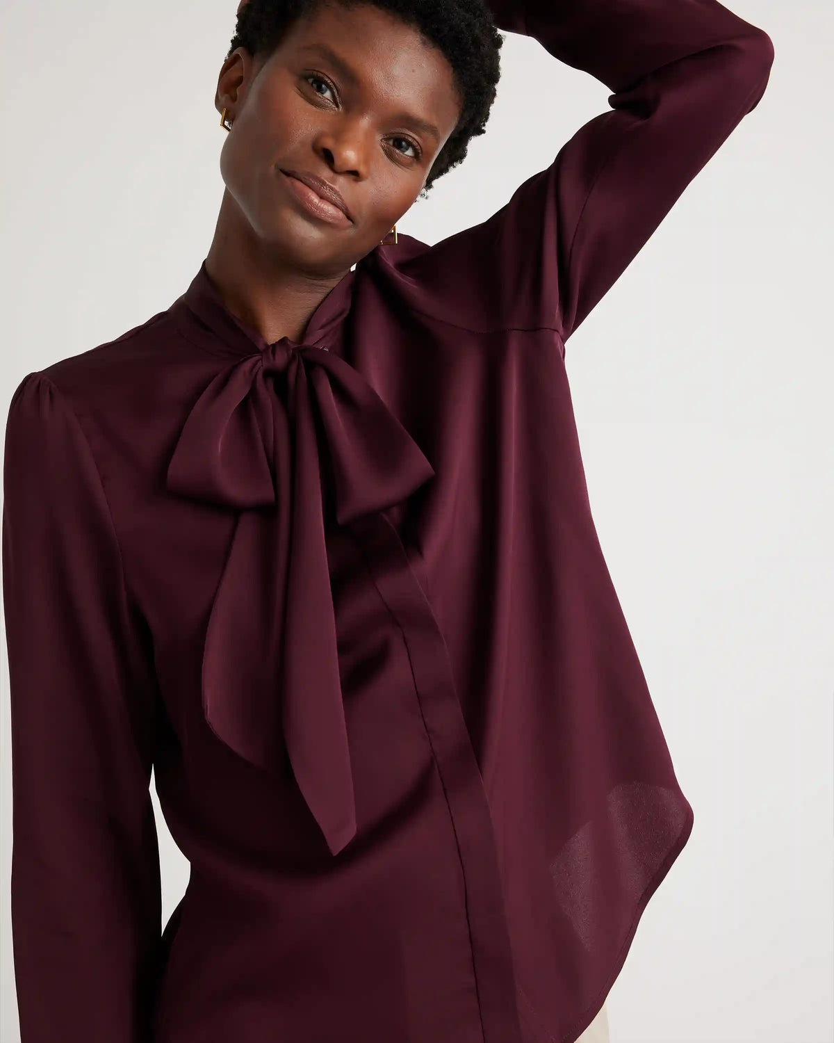 Washable Stretch Silk Tie Neck Blouse