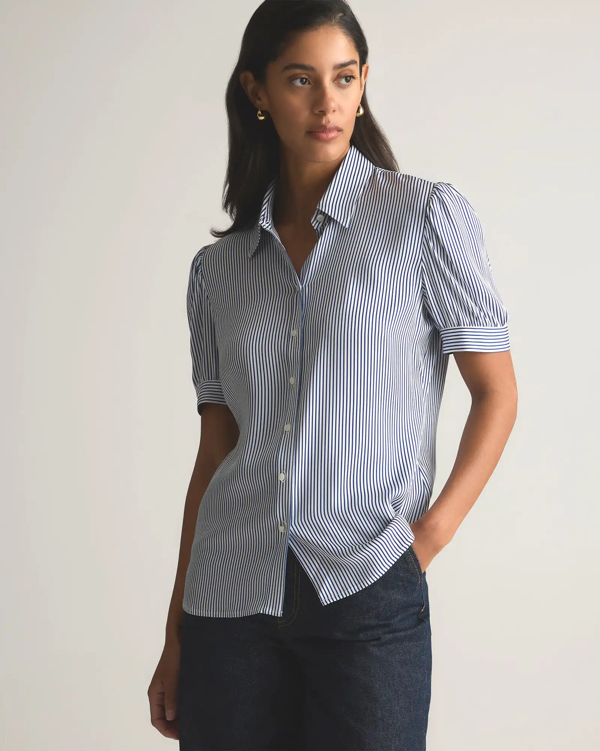 Washable Stretch Silk Puff Sleeve Blouse
