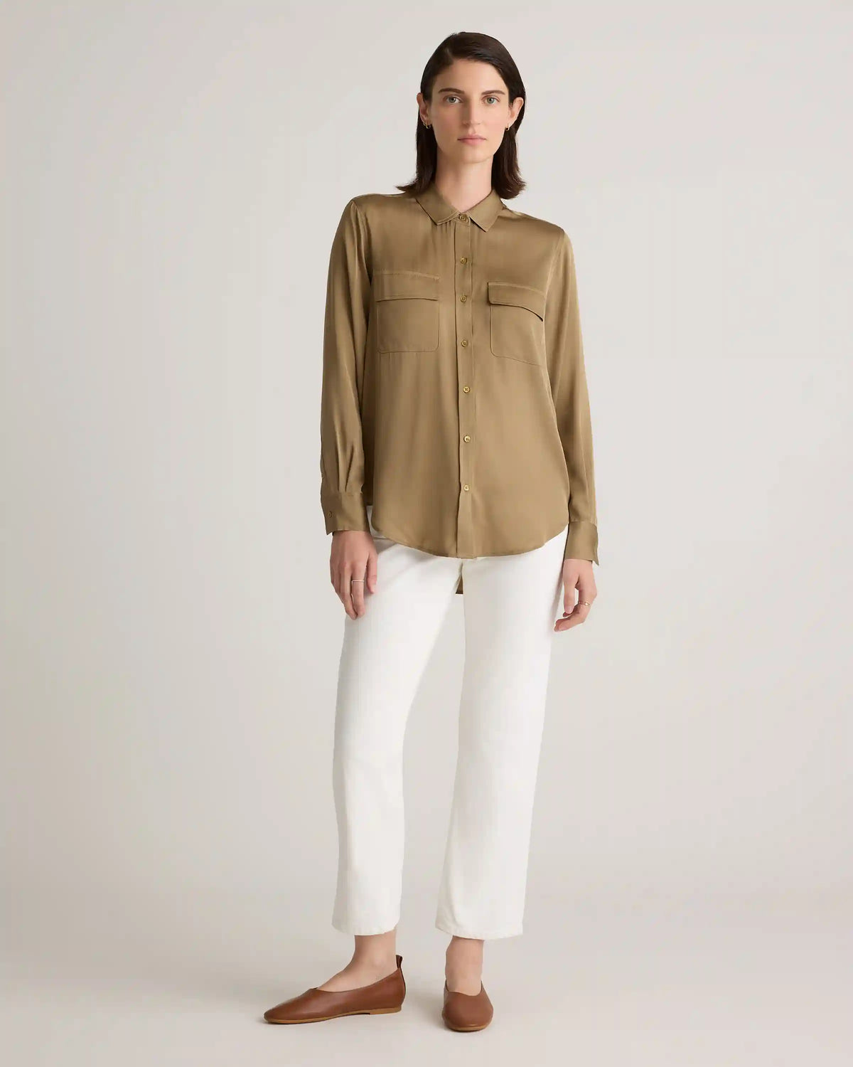 Washable Stretch Silk Utility Long Sleeve Blouse