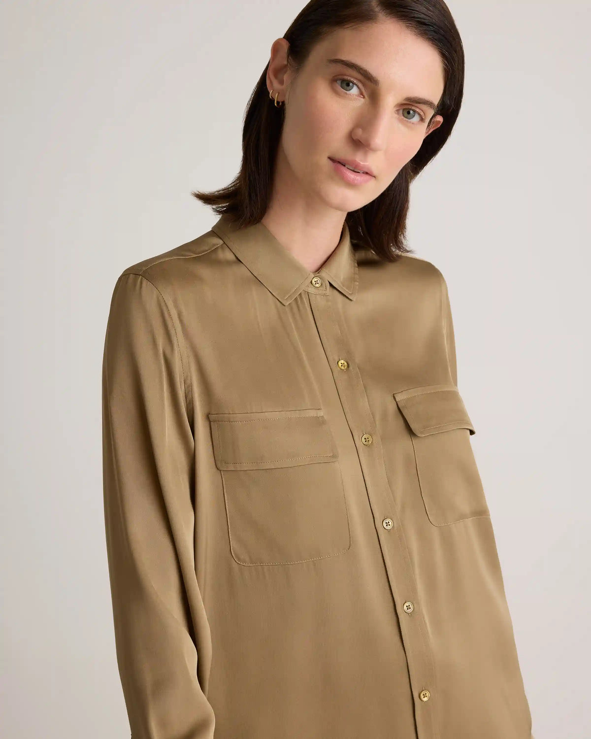 Washable Stretch Silk Utility Long Sleeve Blouse
