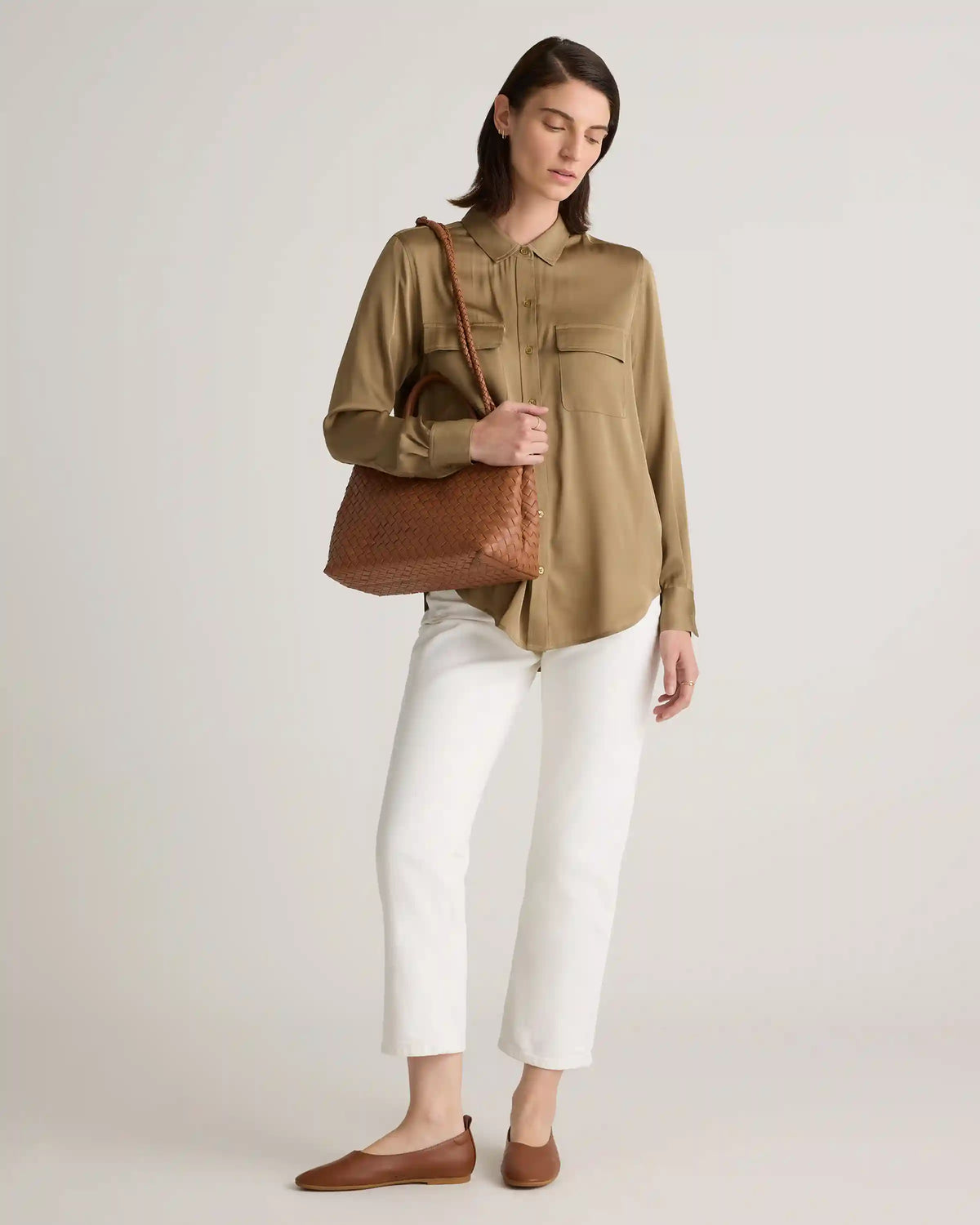 Washable Stretch Silk Utility Long Sleeve Blouse