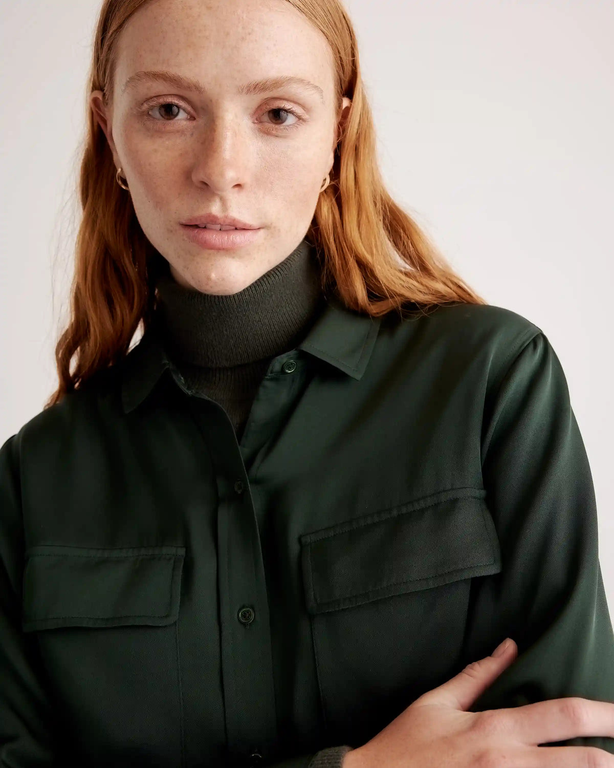 Washable Stretch Silk Utility Long Sleeve Blouse