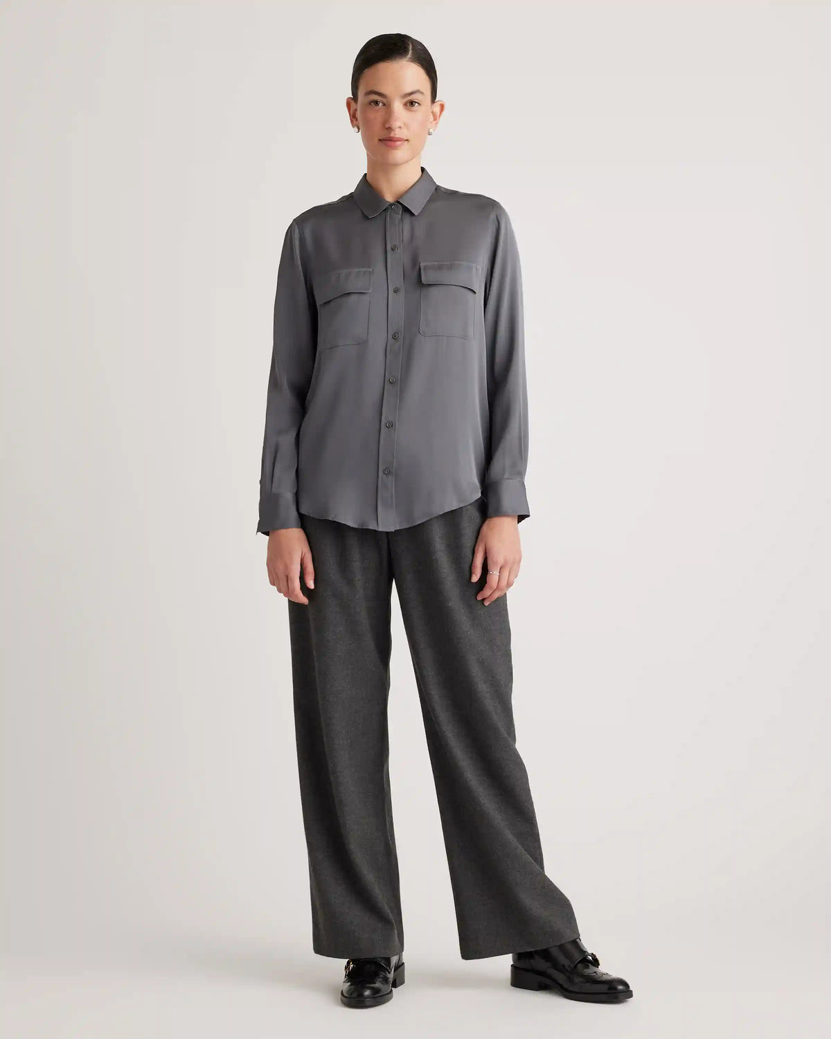 Washable Stretch Silk Utility Long Sleeve Blouse