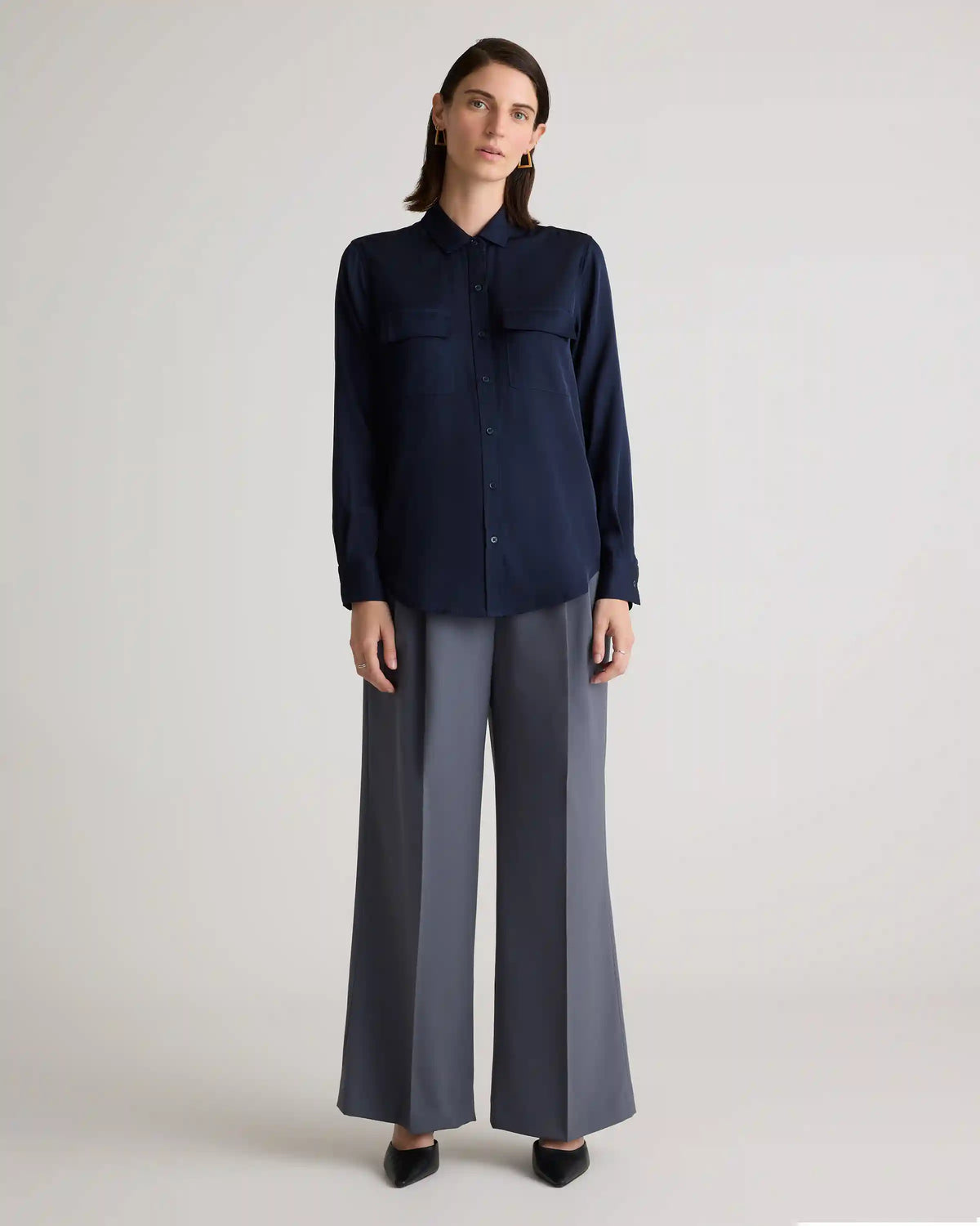Washable Stretch Silk Utility Long Sleeve Blouse