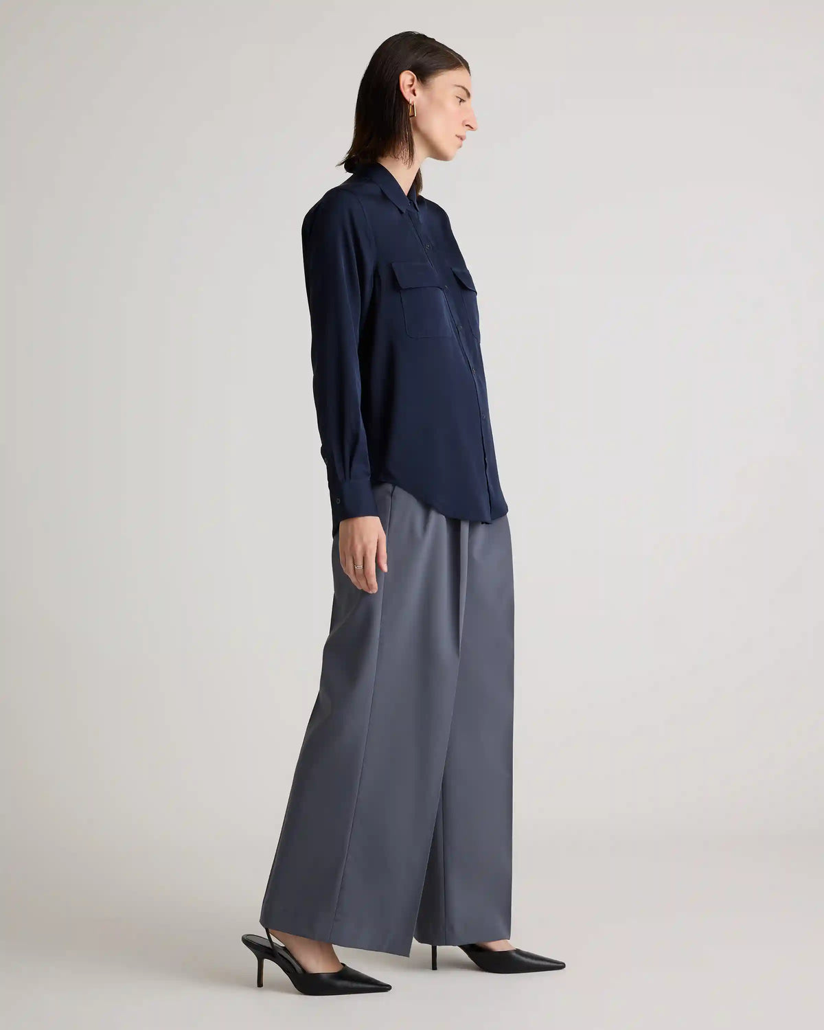 Washable Stretch Silk Utility Long Sleeve Blouse