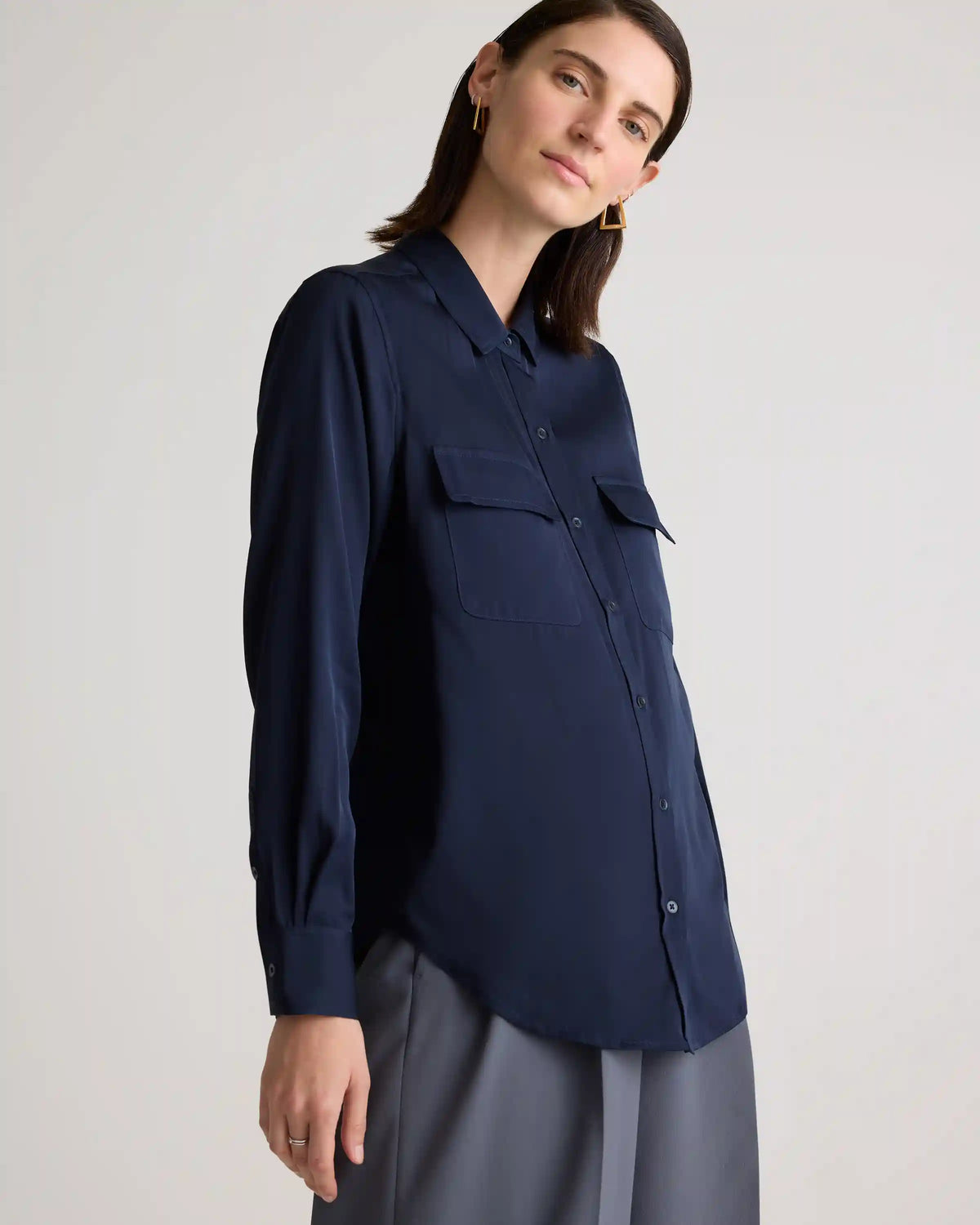 Washable Stretch Silk Utility Long Sleeve Blouse