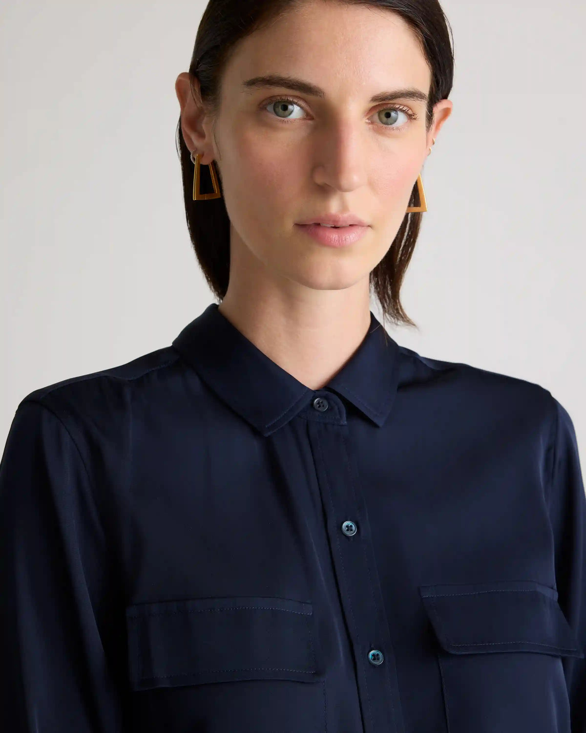 Washable Stretch Silk Utility Long Sleeve Blouse