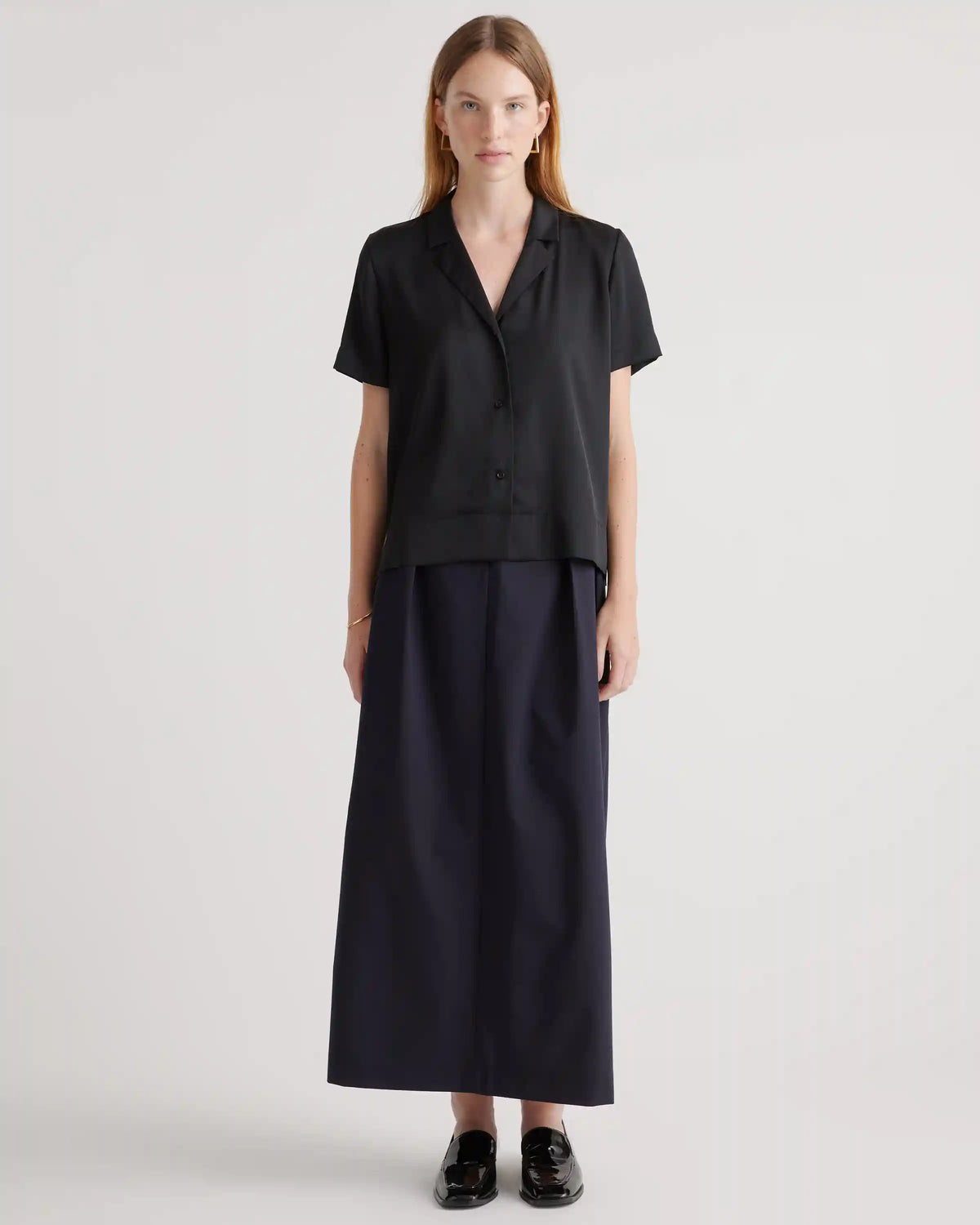 Washable Stretch Silk Short Sleeve Notch Collar Blouse