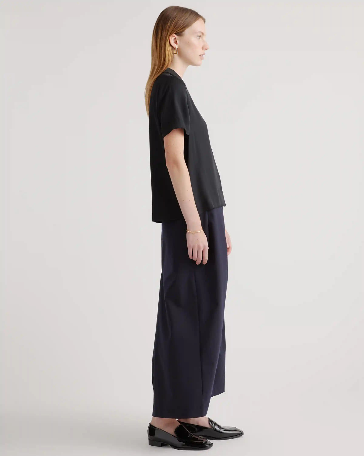 Washable Stretch Silk Short Sleeve Notch Collar Blouse