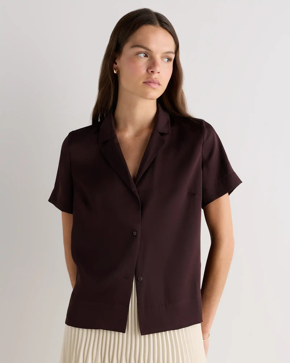Washable Stretch Silk Short Sleeve Notch Collar Blouse