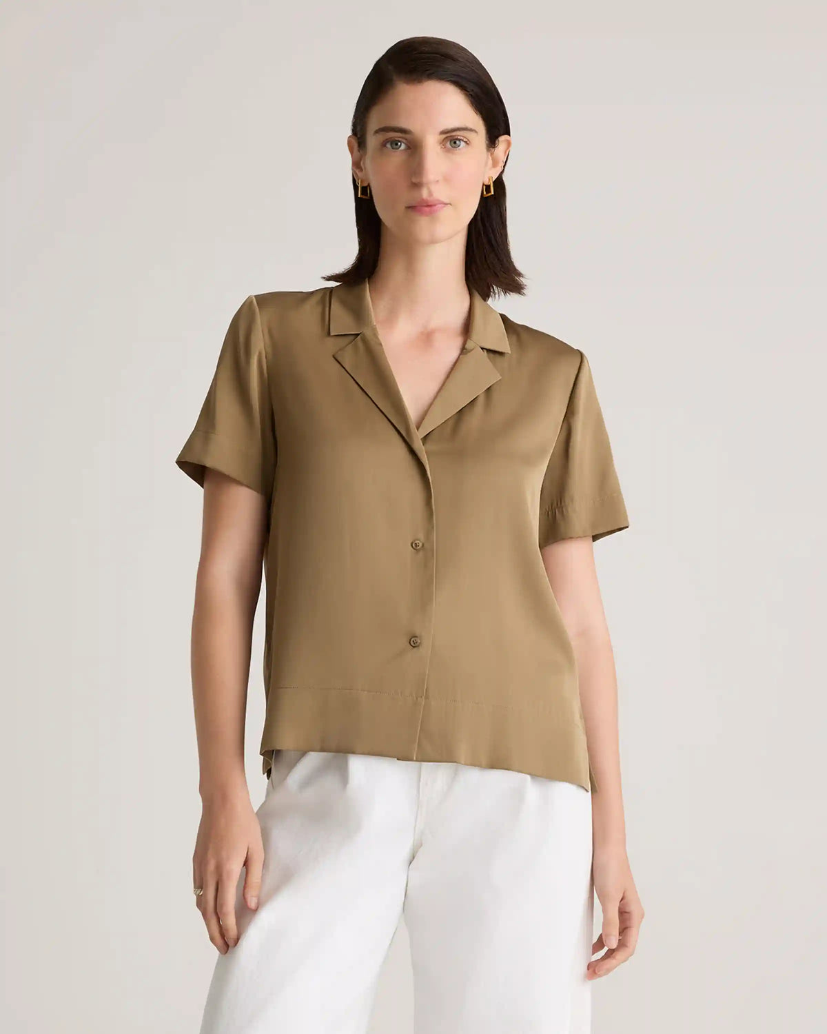 Washable Stretch Silk Short Sleeve Notch Collar Blouse