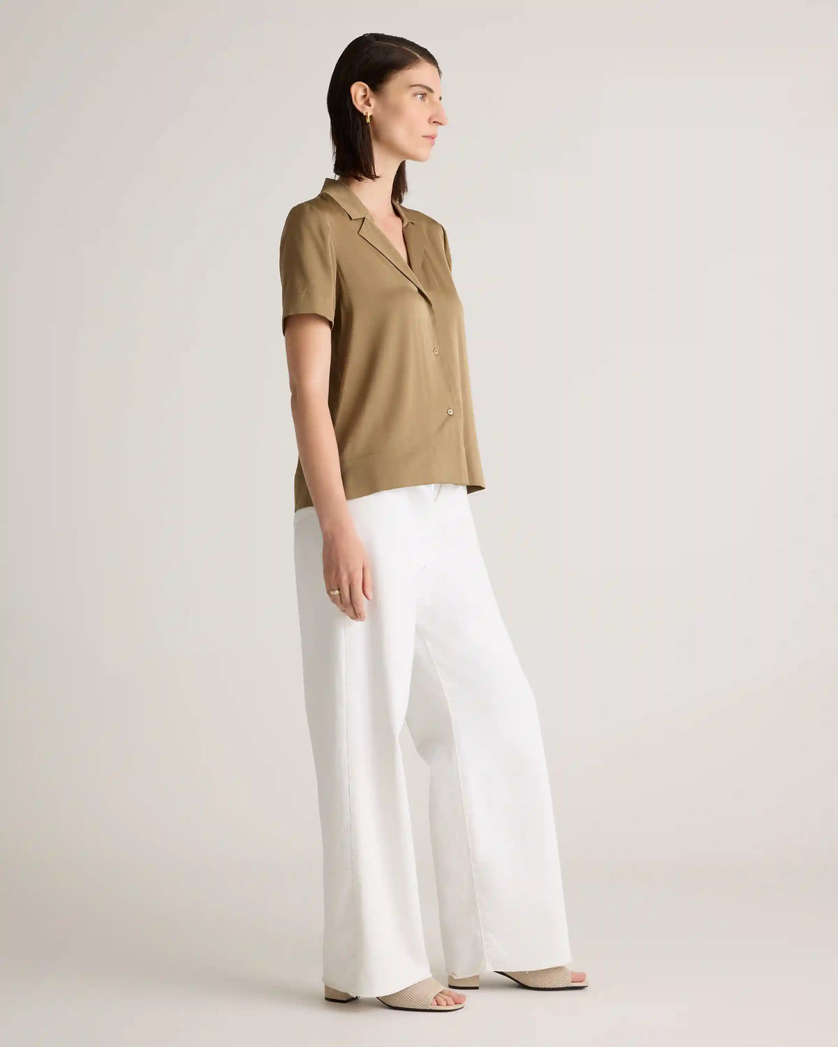 Washable Stretch Silk Short Sleeve Notch Collar Blouse
