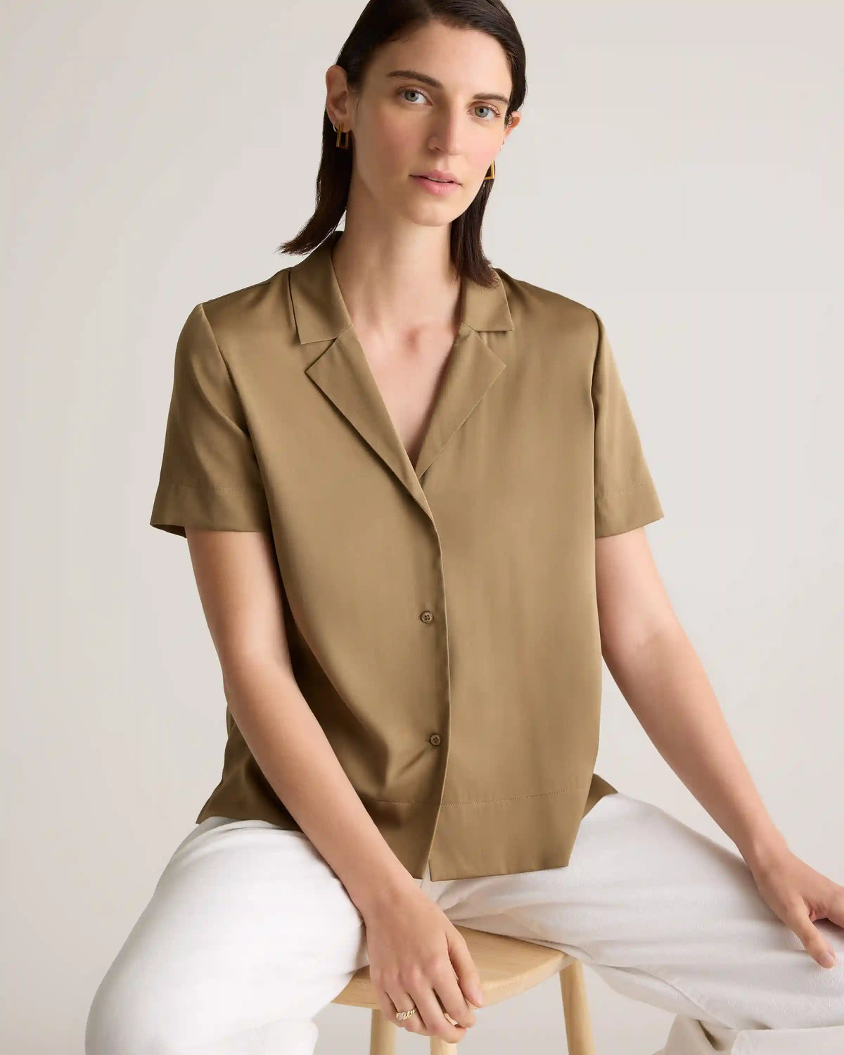 Washable Stretch Silk Short Sleeve Notch Collar Blouse