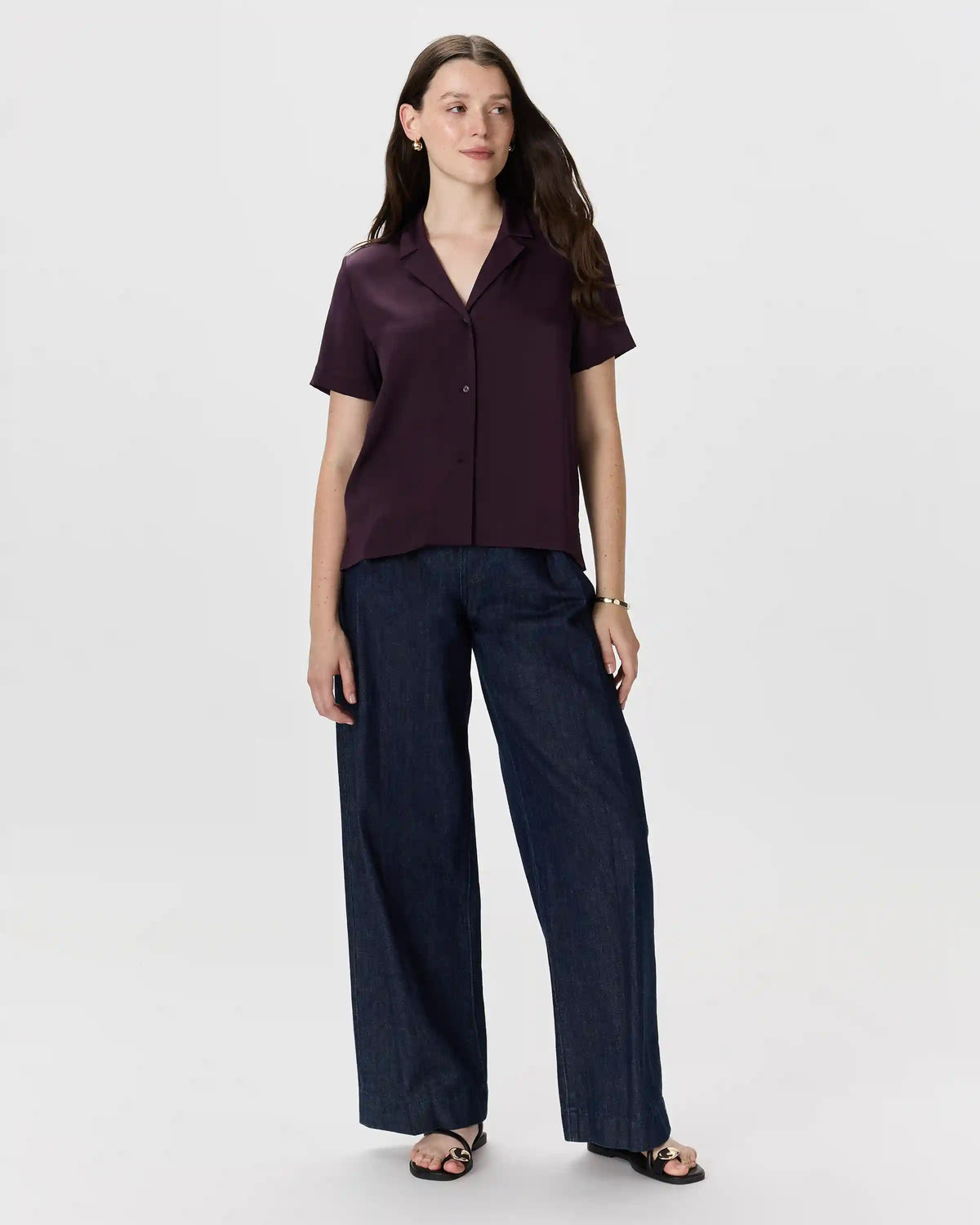 Washable Stretch Silk Short Sleeve Notch Collar Blouse