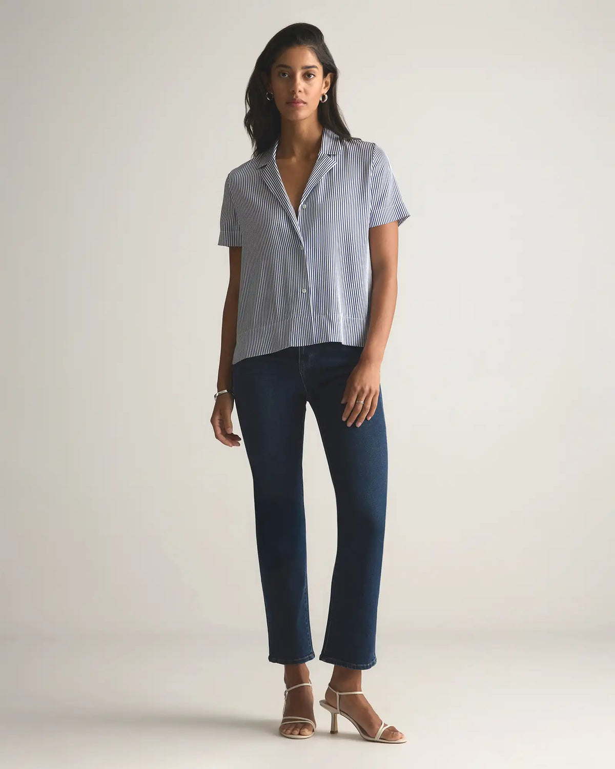 Washable Stretch Silk Short Sleeve Notch Collar Blouse