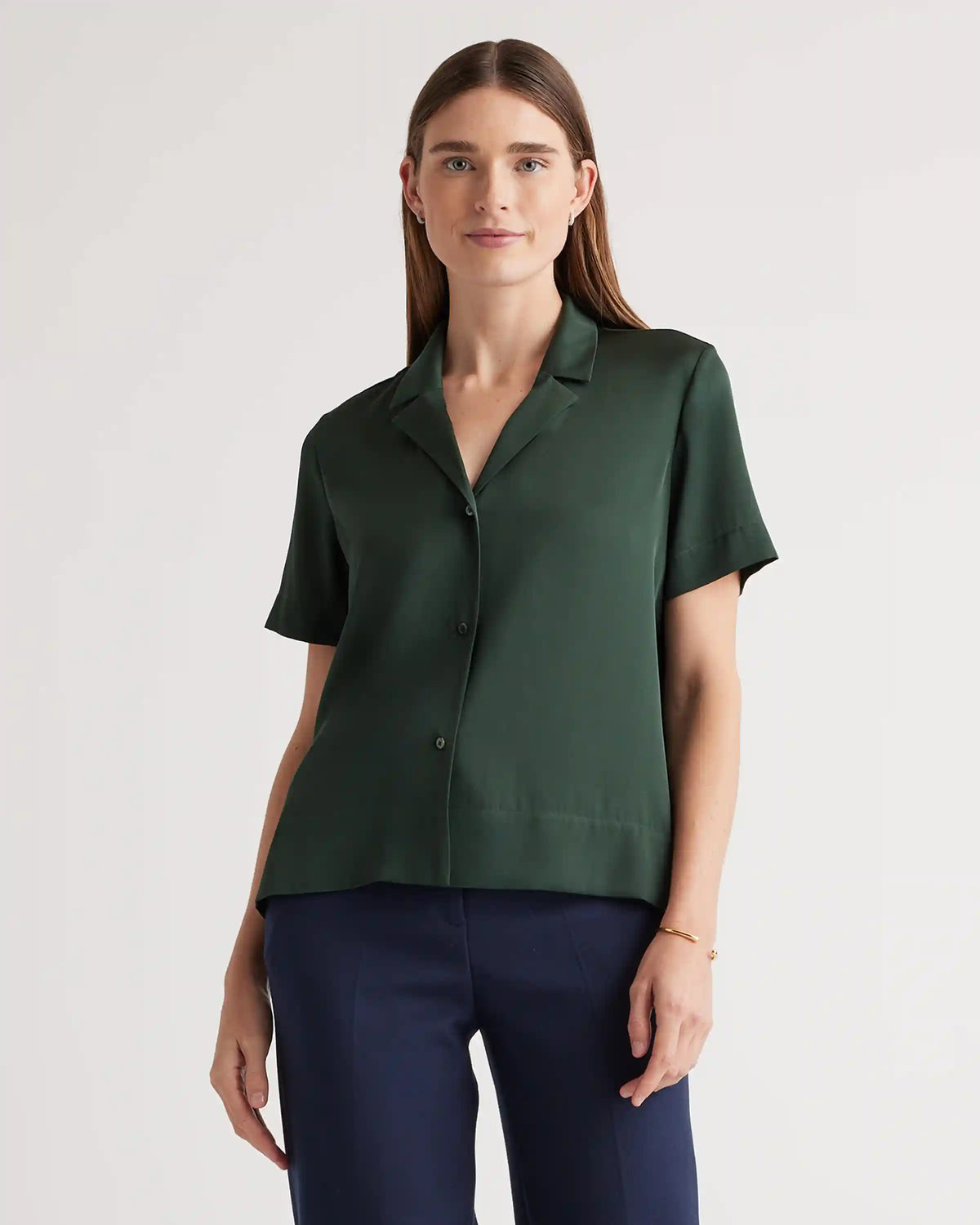 Washable Stretch Silk Short Sleeve Notch Collar Blouse