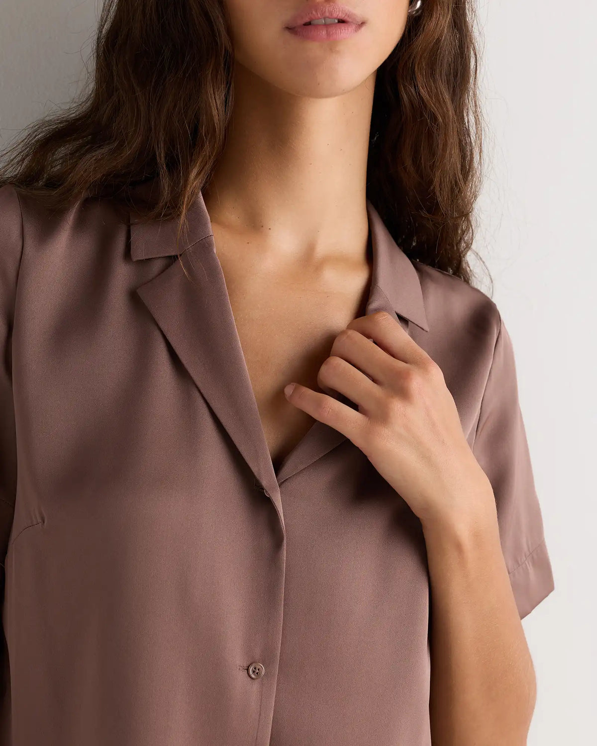 Washable Stretch Silk Short Sleeve Notch Collar Blouse