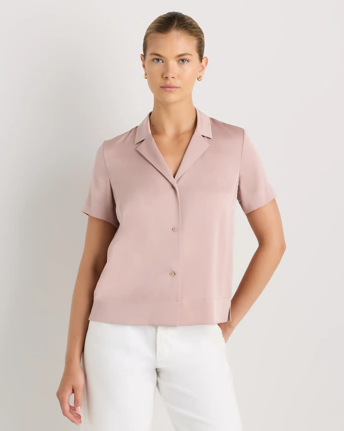 Washable Stretch Silk Short Sleeve Notch Collar Blouse