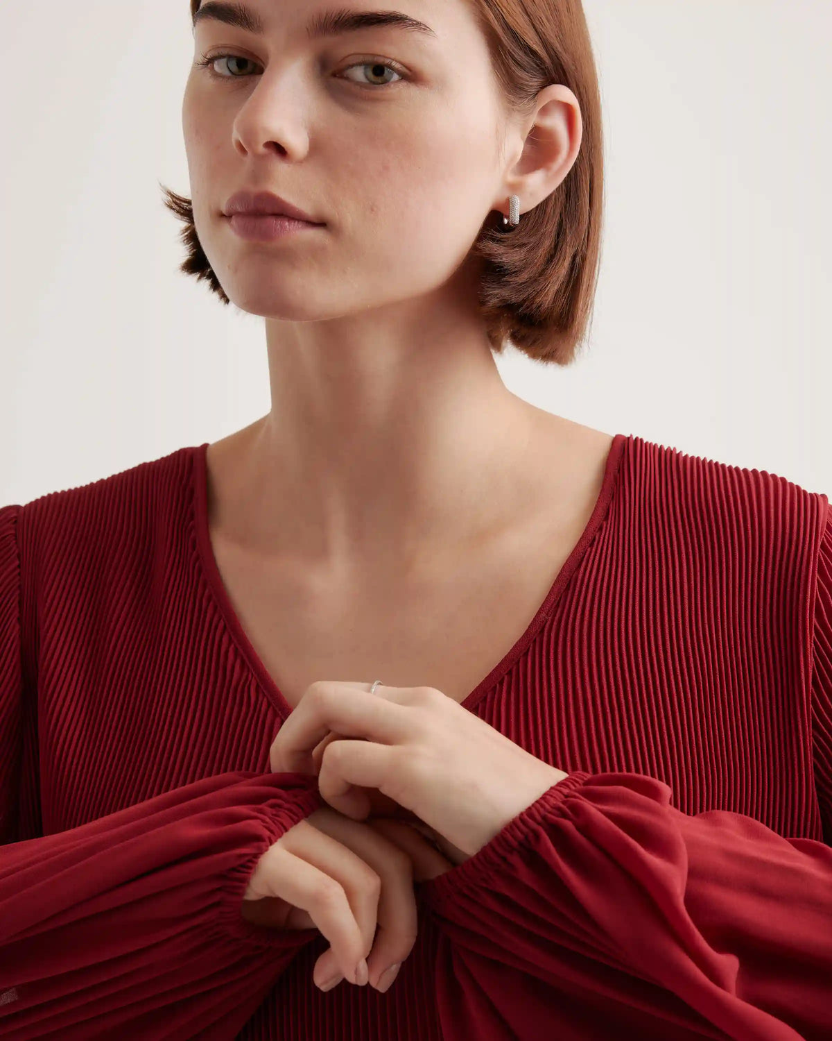 Chiffon Pleated V-Neck Blouse