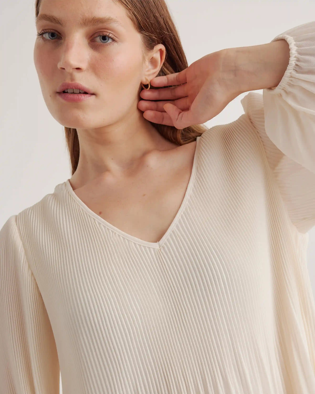 Chiffon Pleated V-Neck Blouse