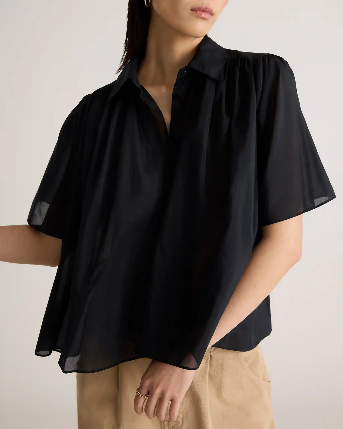 Cotton-Silk Voile Short Sleeve Blouse