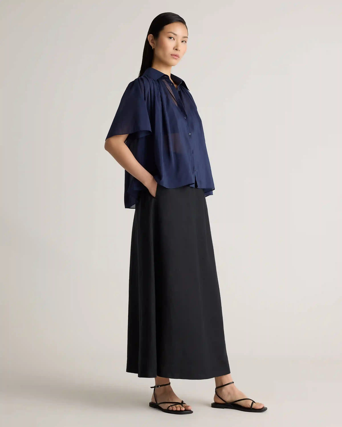 Cotton-Silk Voile Short Sleeve Blouse