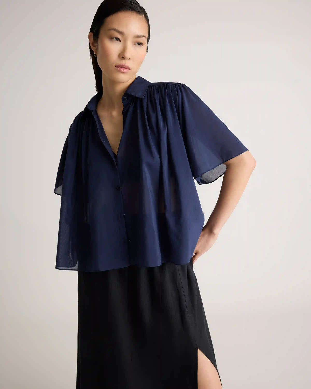 Cotton-Silk Voile Short Sleeve Blouse