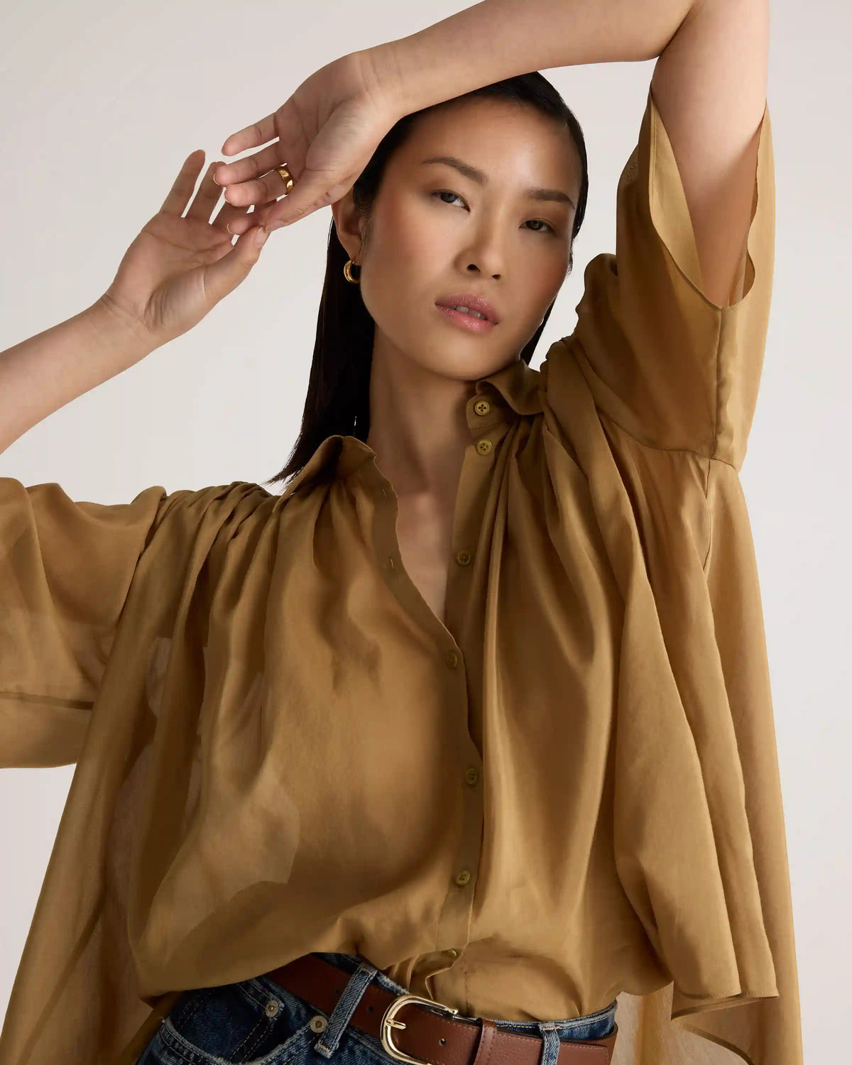 Cotton-Silk Voile Short Sleeve Blouse