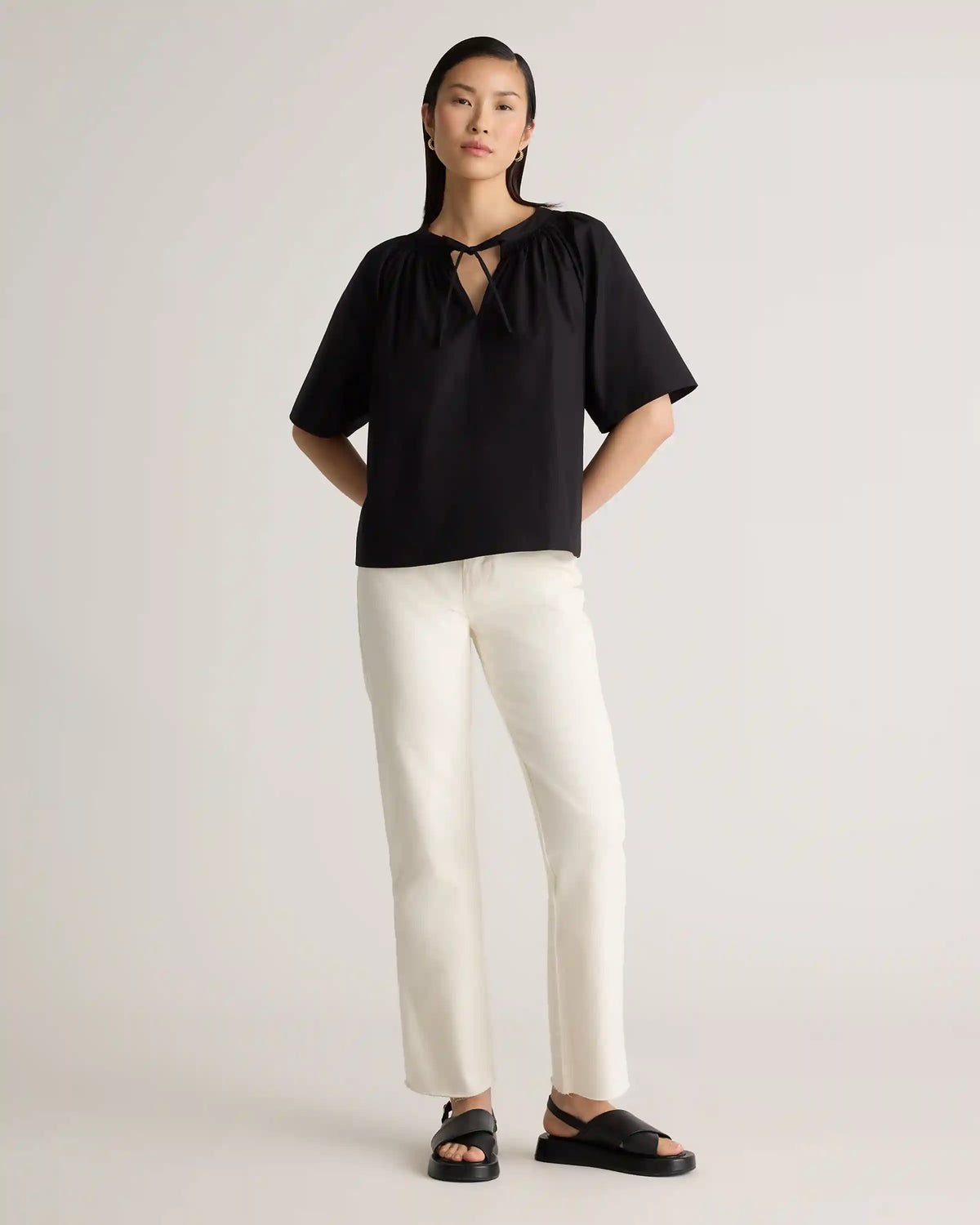 100% Organic Cotton Poplin Split Neck Top