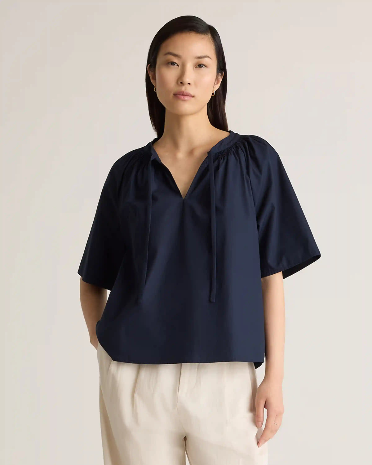 100% Organic Cotton Poplin Split Neck Top