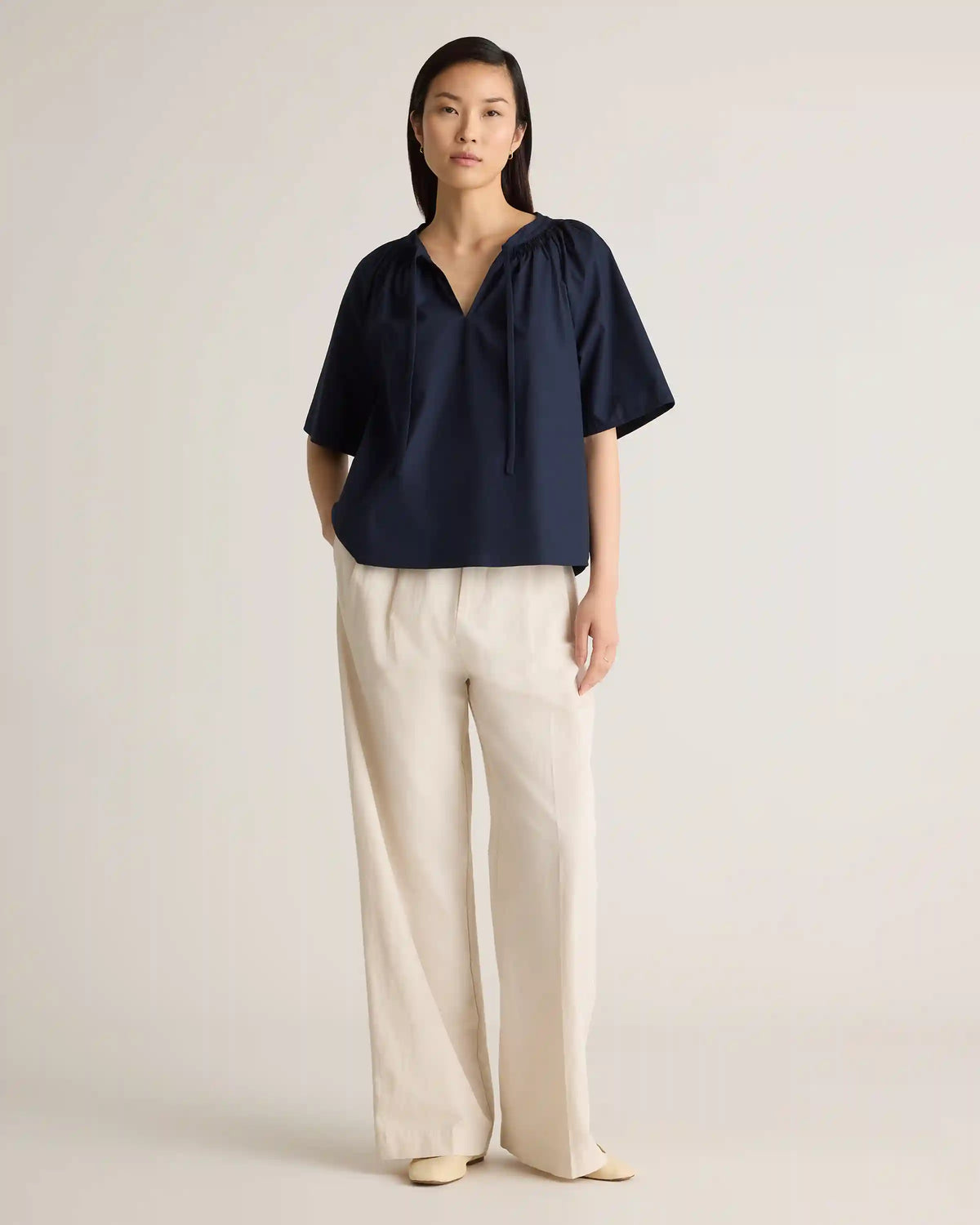 100% Organic Cotton Poplin Split Neck Top
