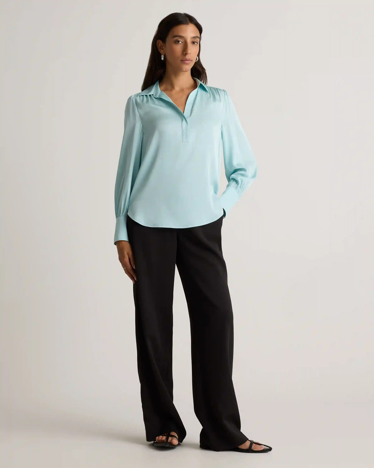 Washable Stretch Silk Split Neck Blouse
