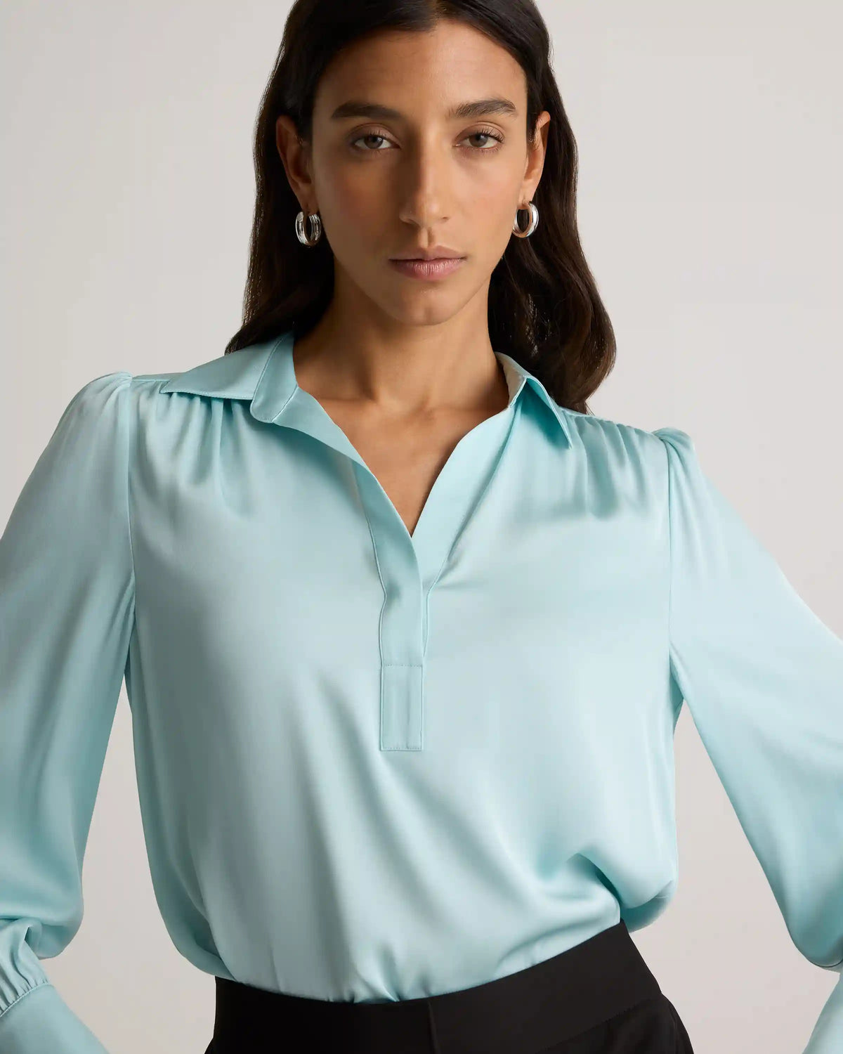 Washable Stretch Silk Split Neck Blouse
