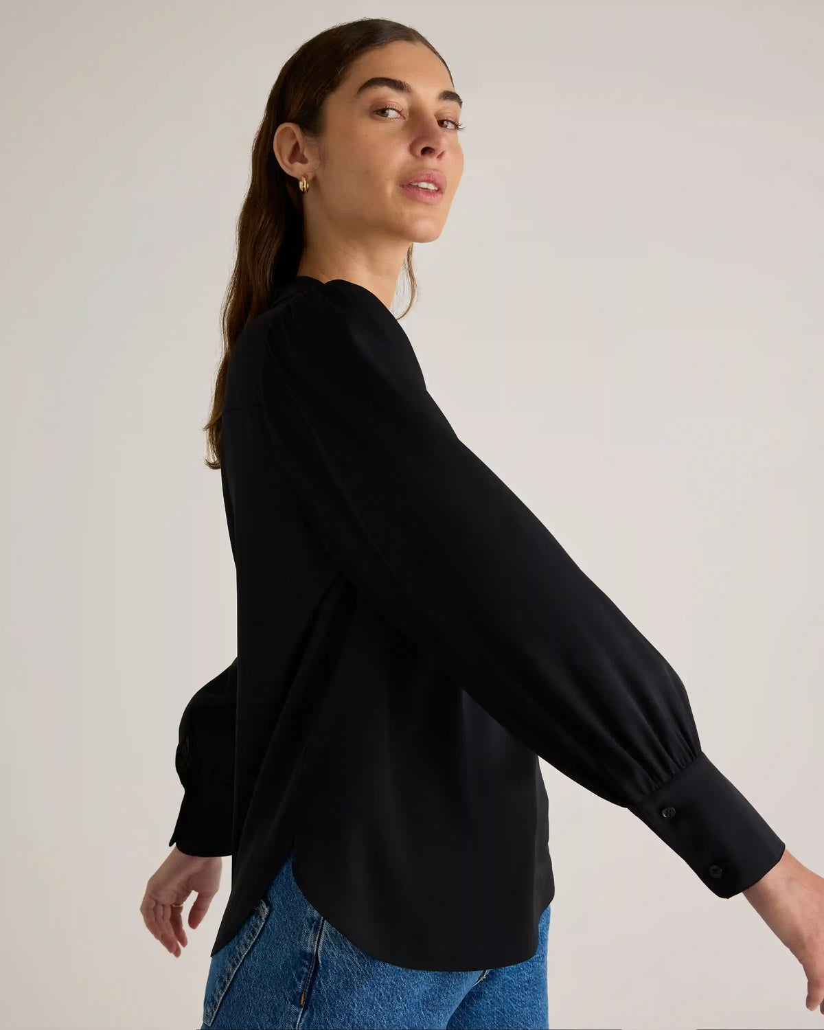 Washable Stretch Silk Split Neck Blouse