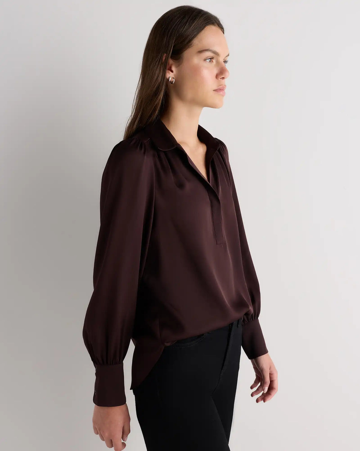 Washable Stretch Silk Split Neck Blouse
