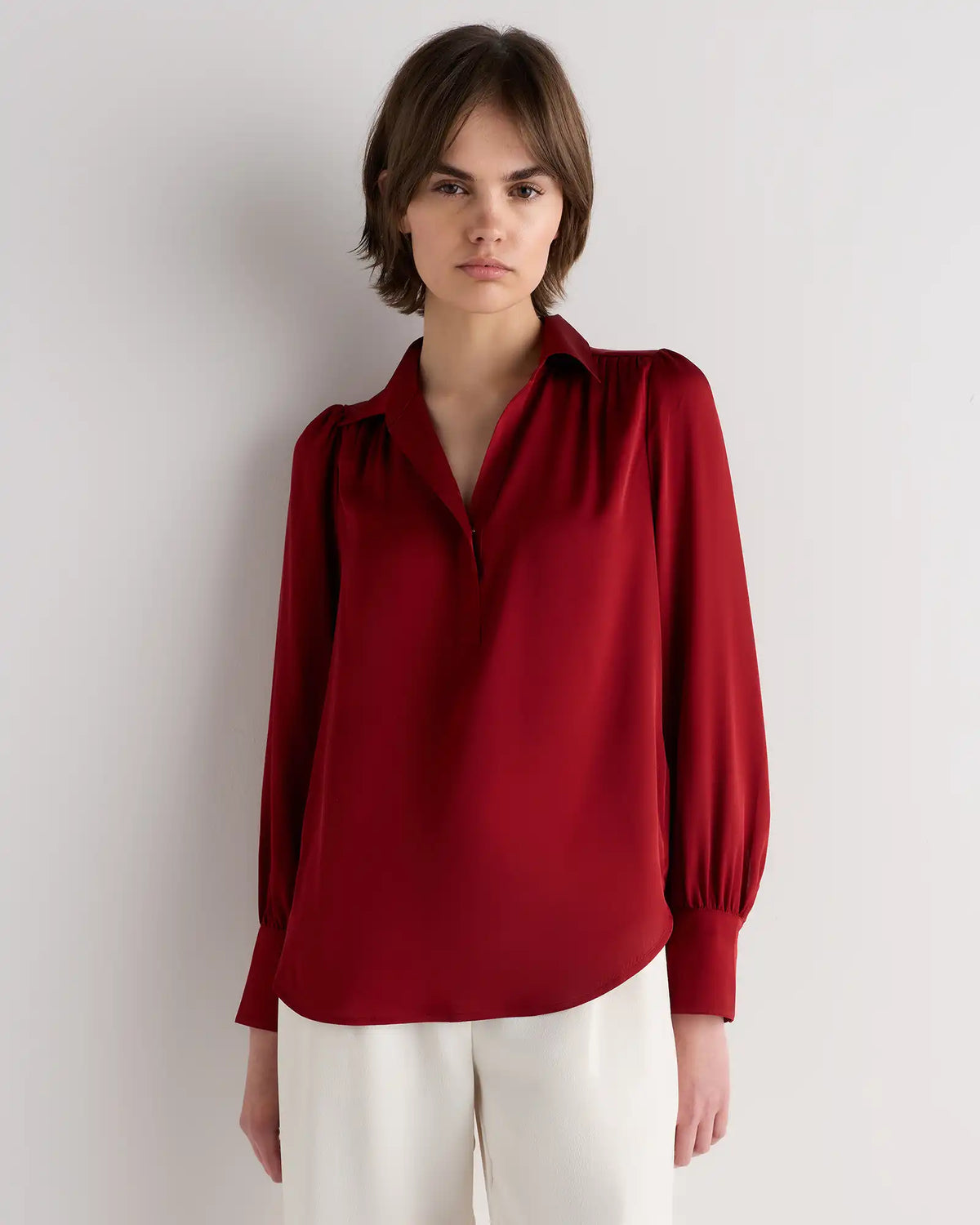 Washable Stretch Silk Split Neck Blouse