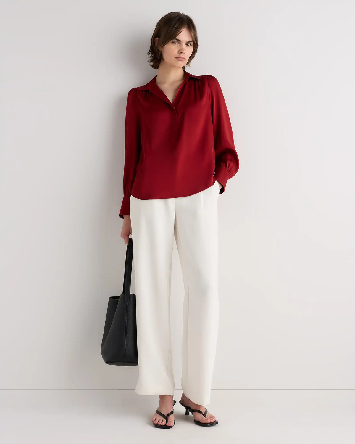 Washable Stretch Silk Split Neck Blouse