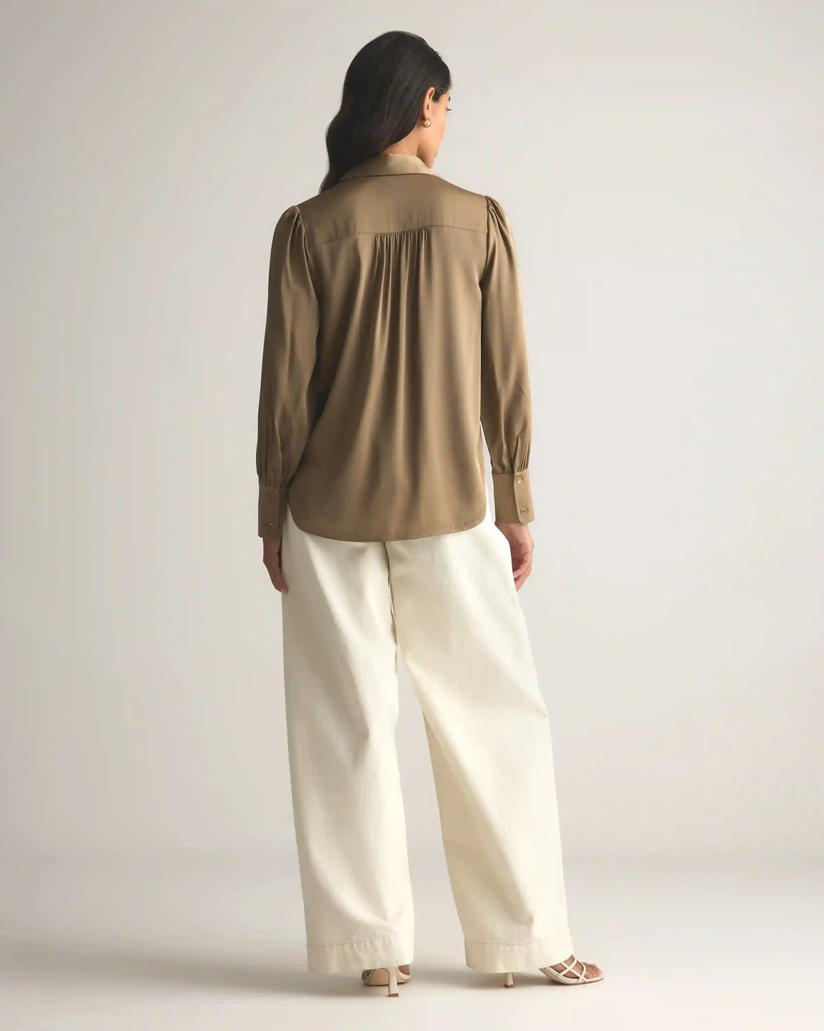 Washable Stretch Silk Split Neck Blouse