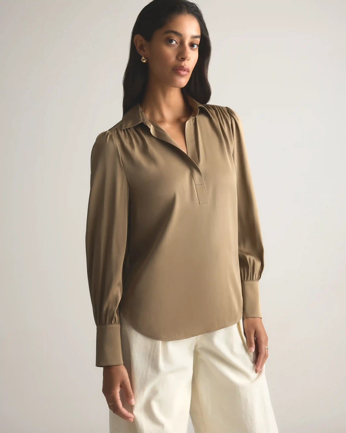 Washable Stretch Silk Split Neck Blouse