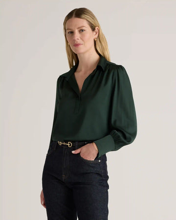 Washable Stretch Silk Split Neck Blouse