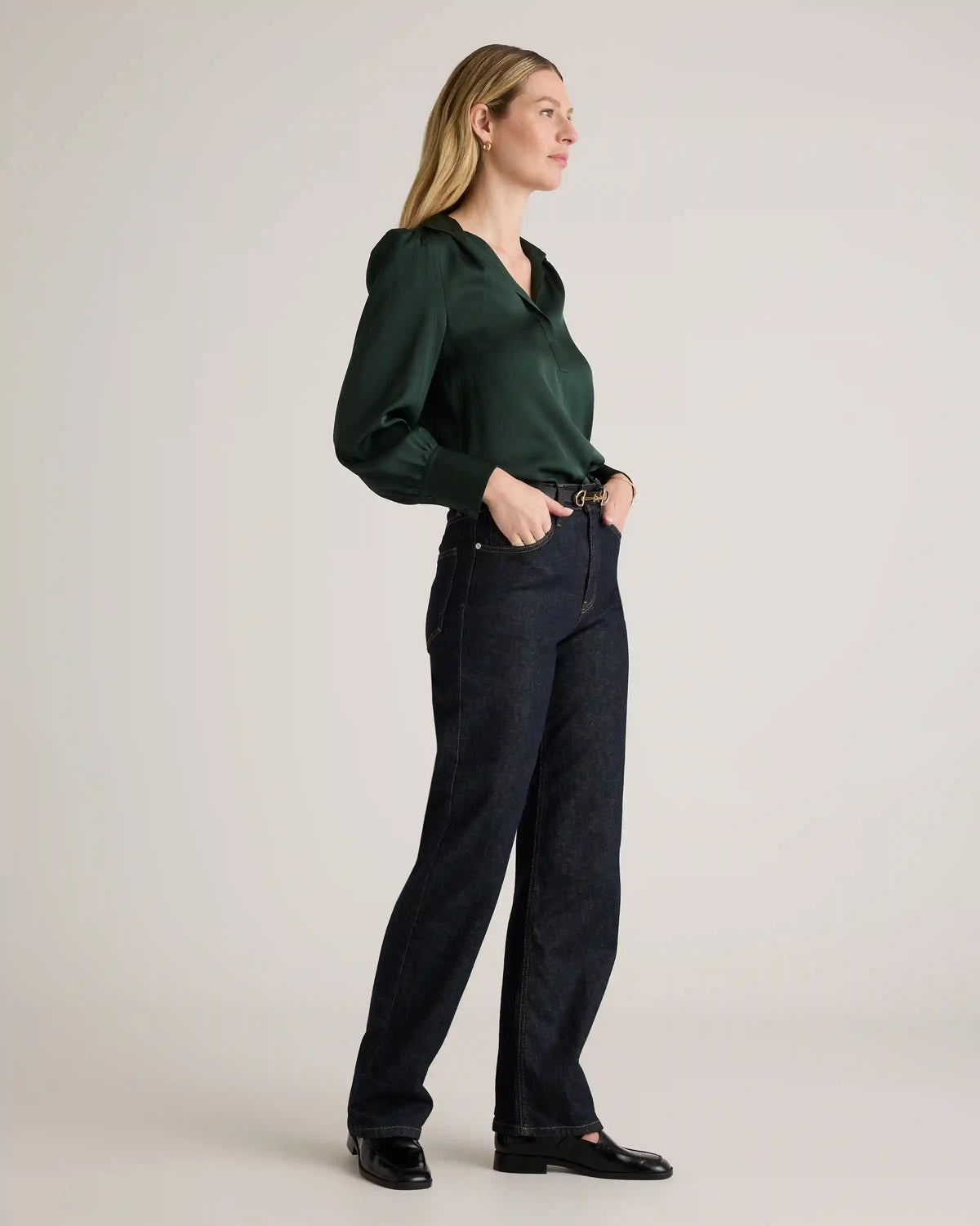 Washable Stretch Silk Split Neck Blouse