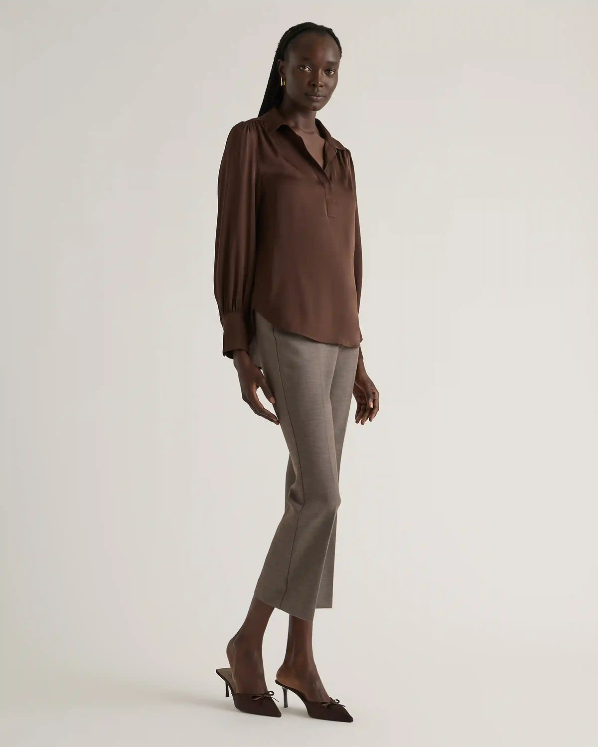Washable Stretch Silk Split Neck Blouse