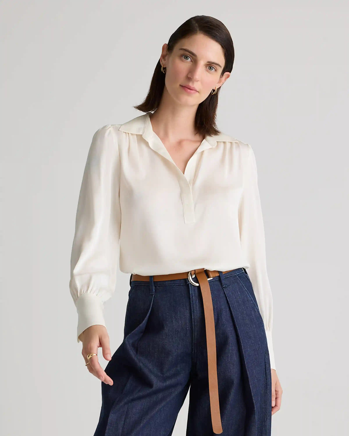 Washable Stretch Silk Split Neck Blouse