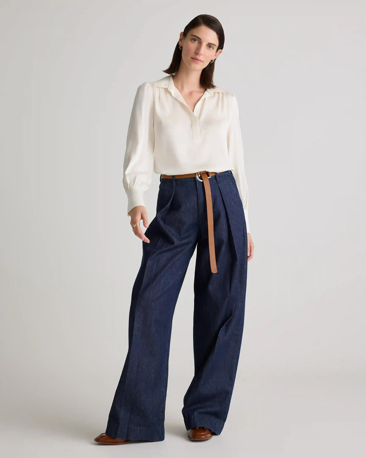 Washable Stretch Silk Split Neck Blouse