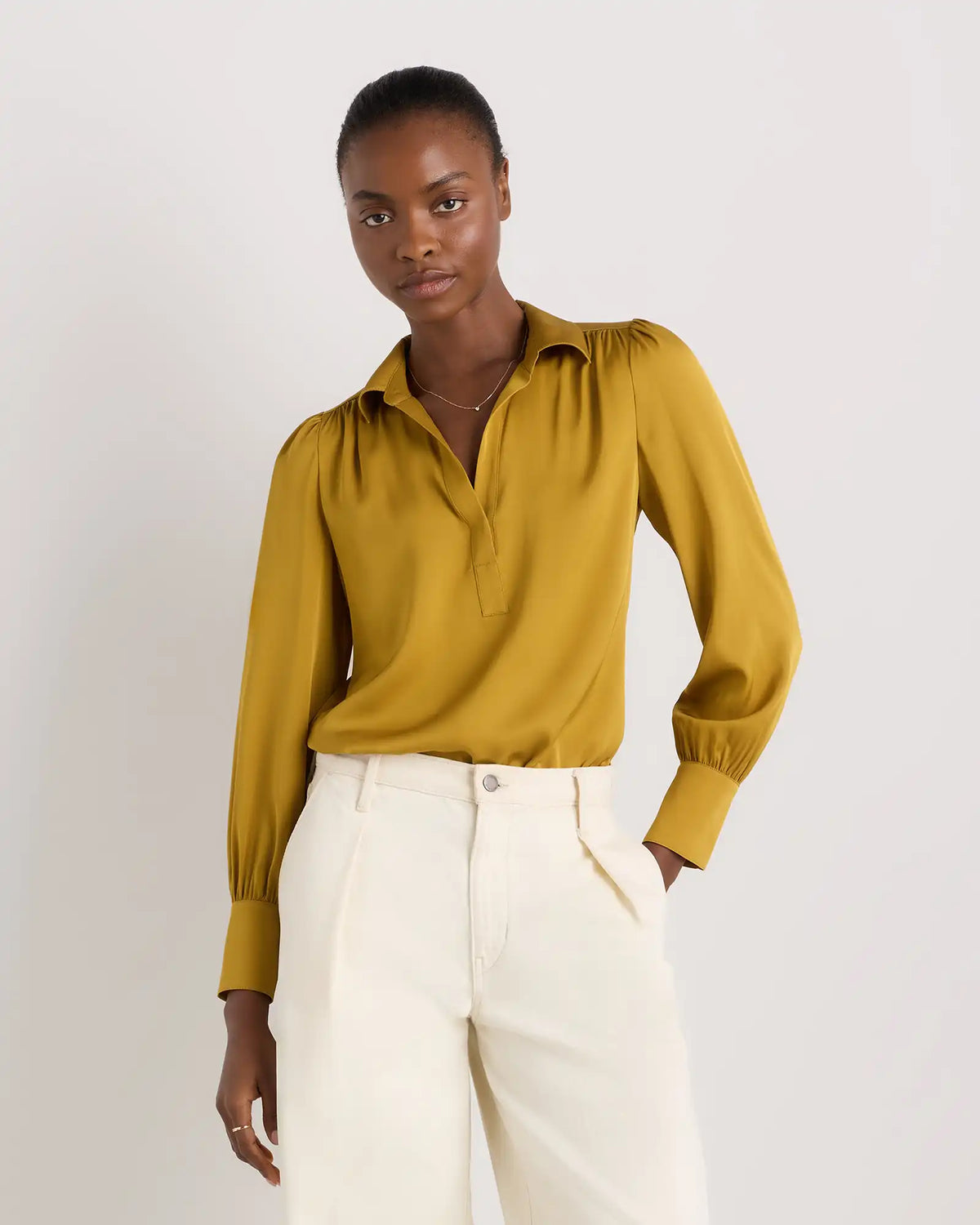 Washable Stretch Silk Split Neck Blouse