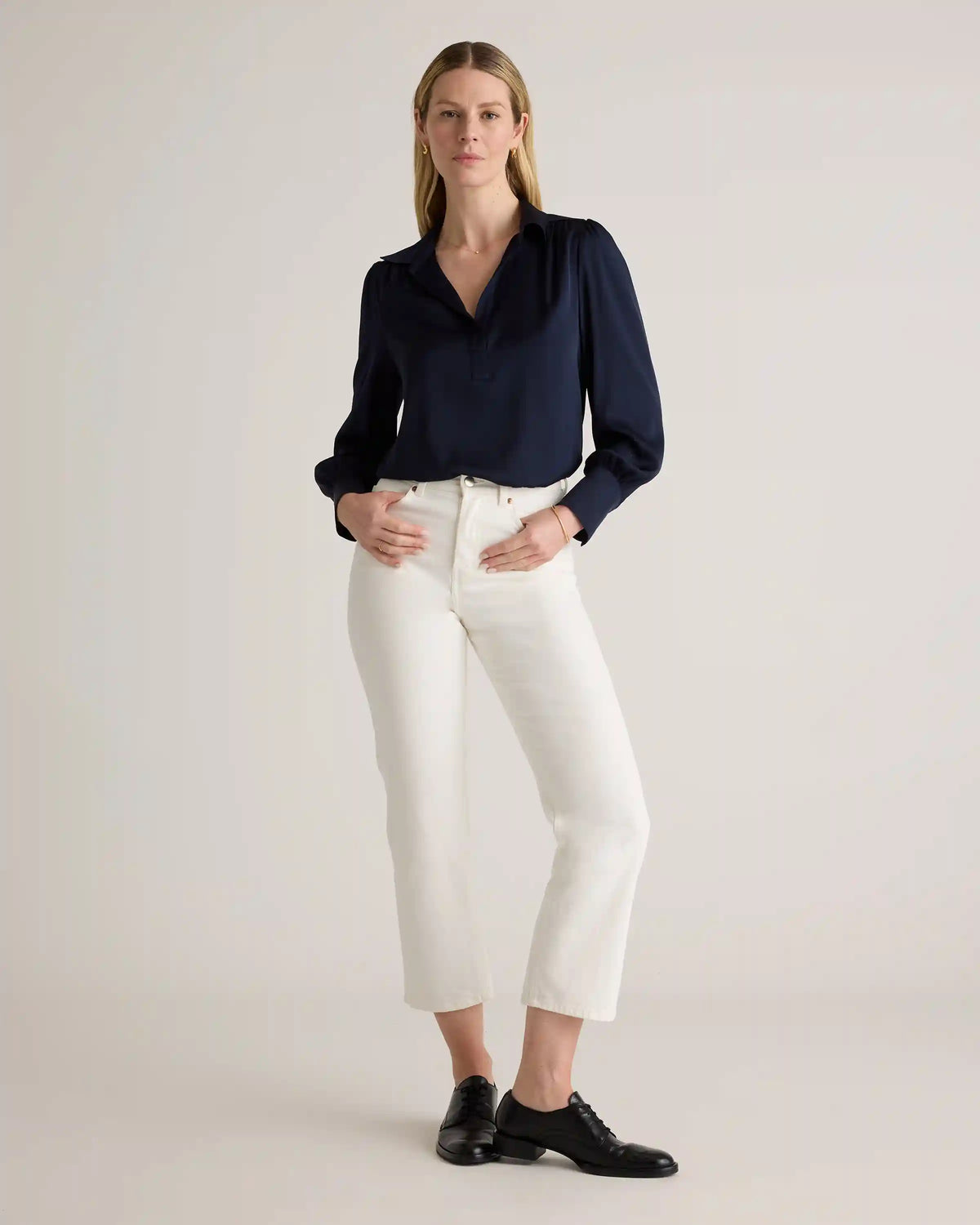 Washable Stretch Silk Split Neck Blouse