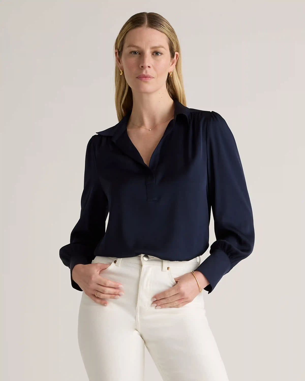 Washable Stretch Silk Split Neck Blouse