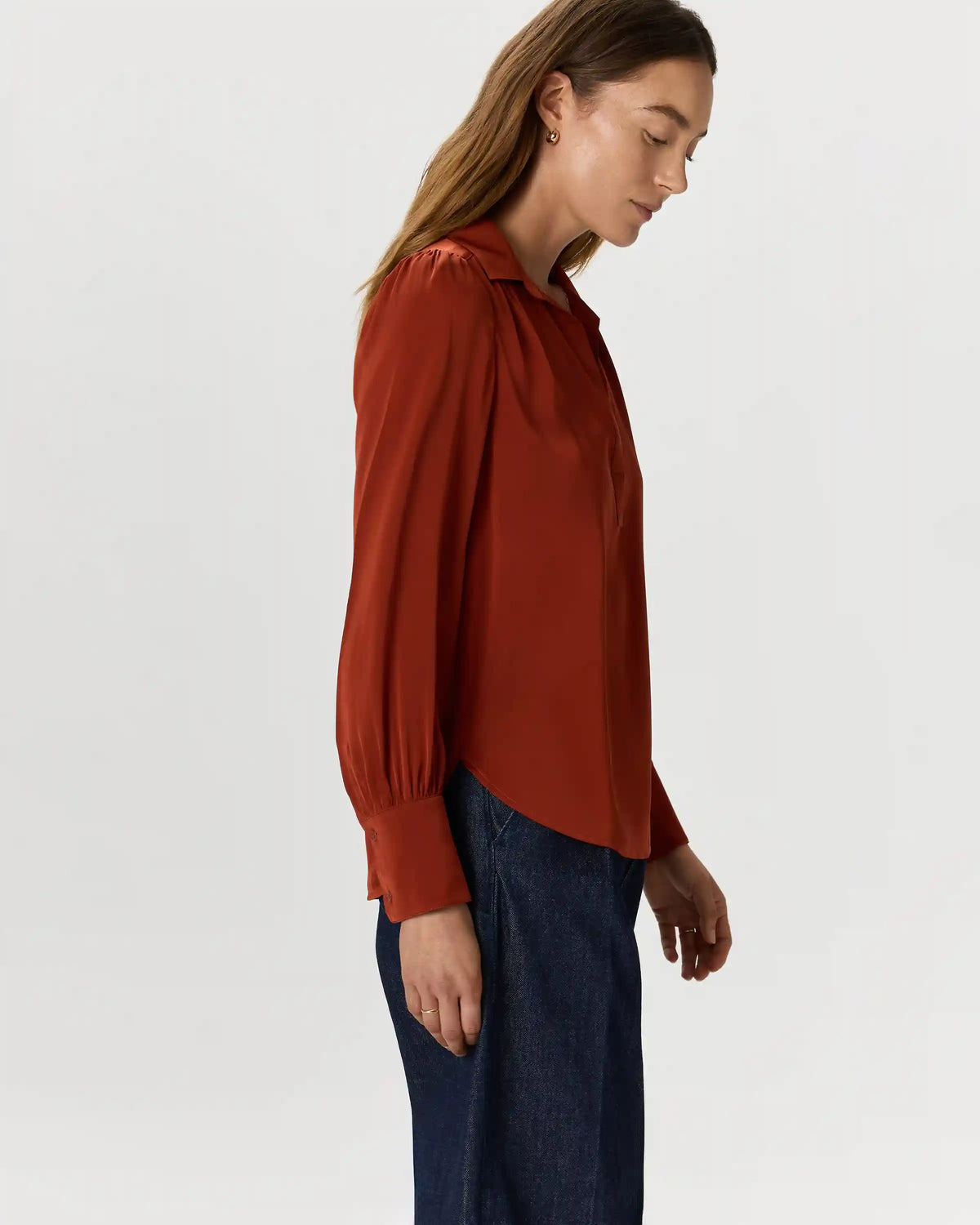 Washable Stretch Silk Split Neck Blouse
