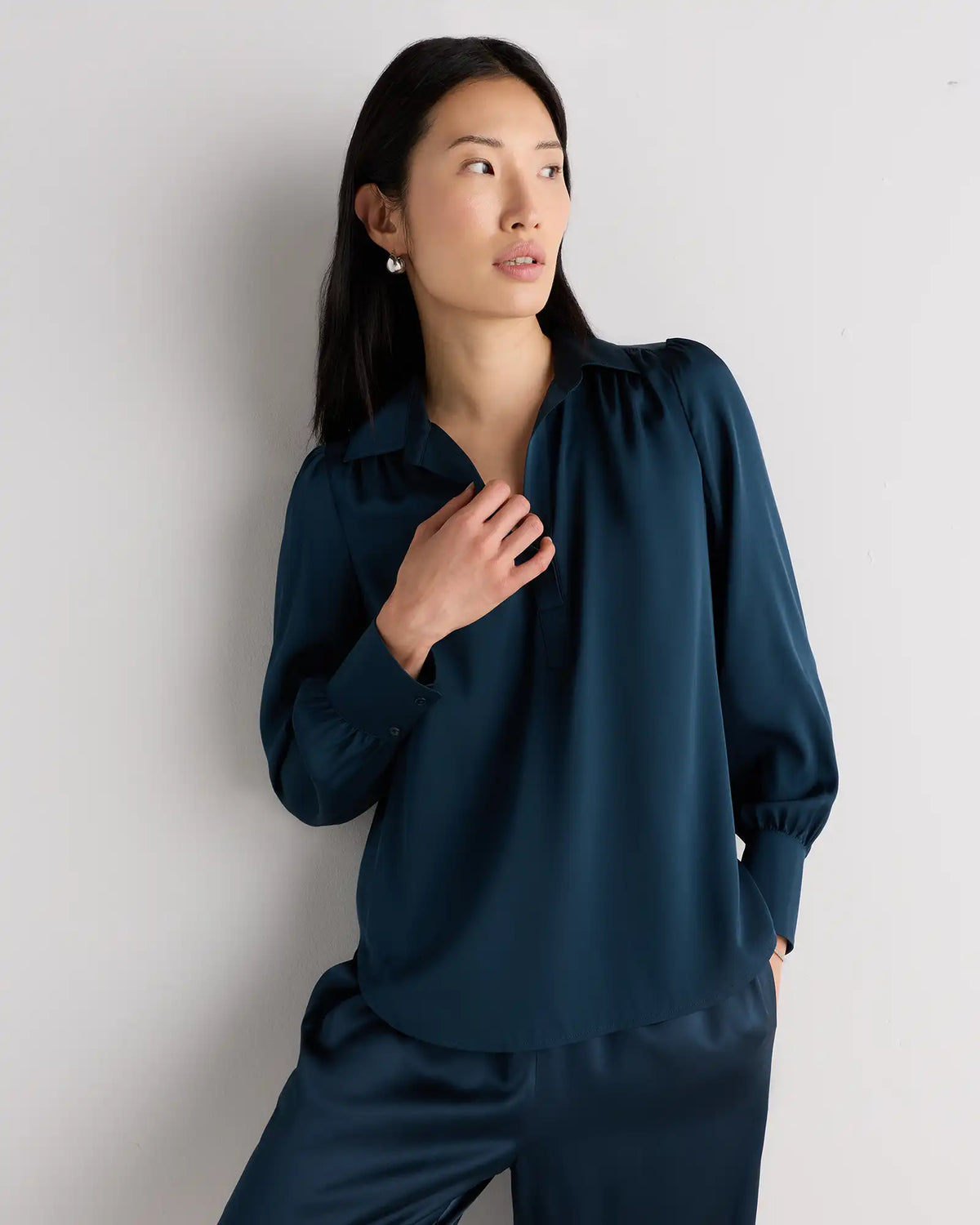 Washable Stretch Silk Split Neck Blouse